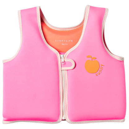 Float Vest 3-6 Poppy the Peach in neon pink with orange peach design