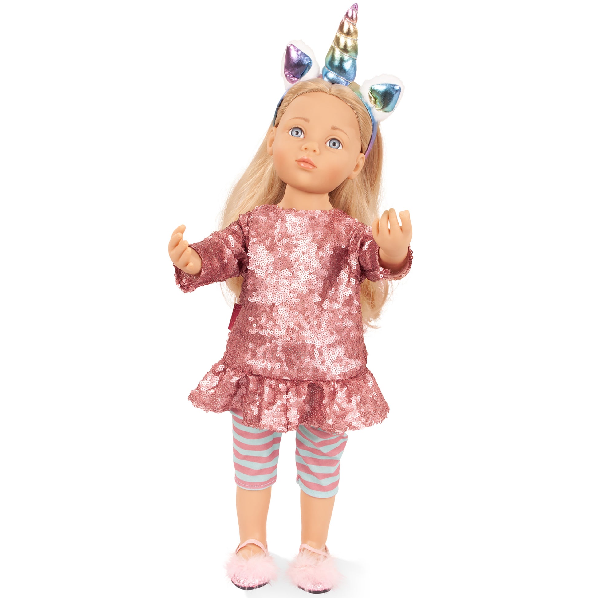 Gotz Happy Kidz Anna Unicorn 19.5 inch doll with blonde hair, pink sequin dress, striped leggings and colorful unicor...