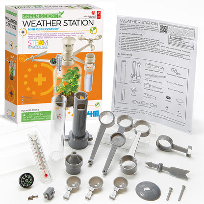 Green Science Weather Station Mini Observatory kit with beige weather instruments, thermometer, rain gauge, and compass