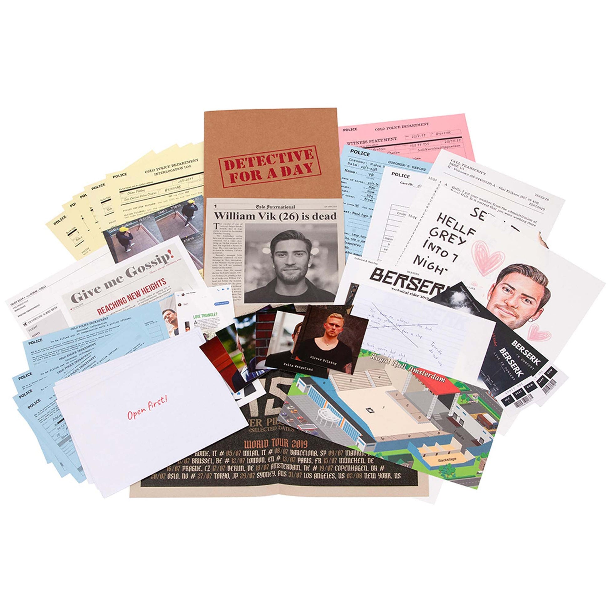Detective For A Day murder mystery game with police documents, photos, and world tour clues