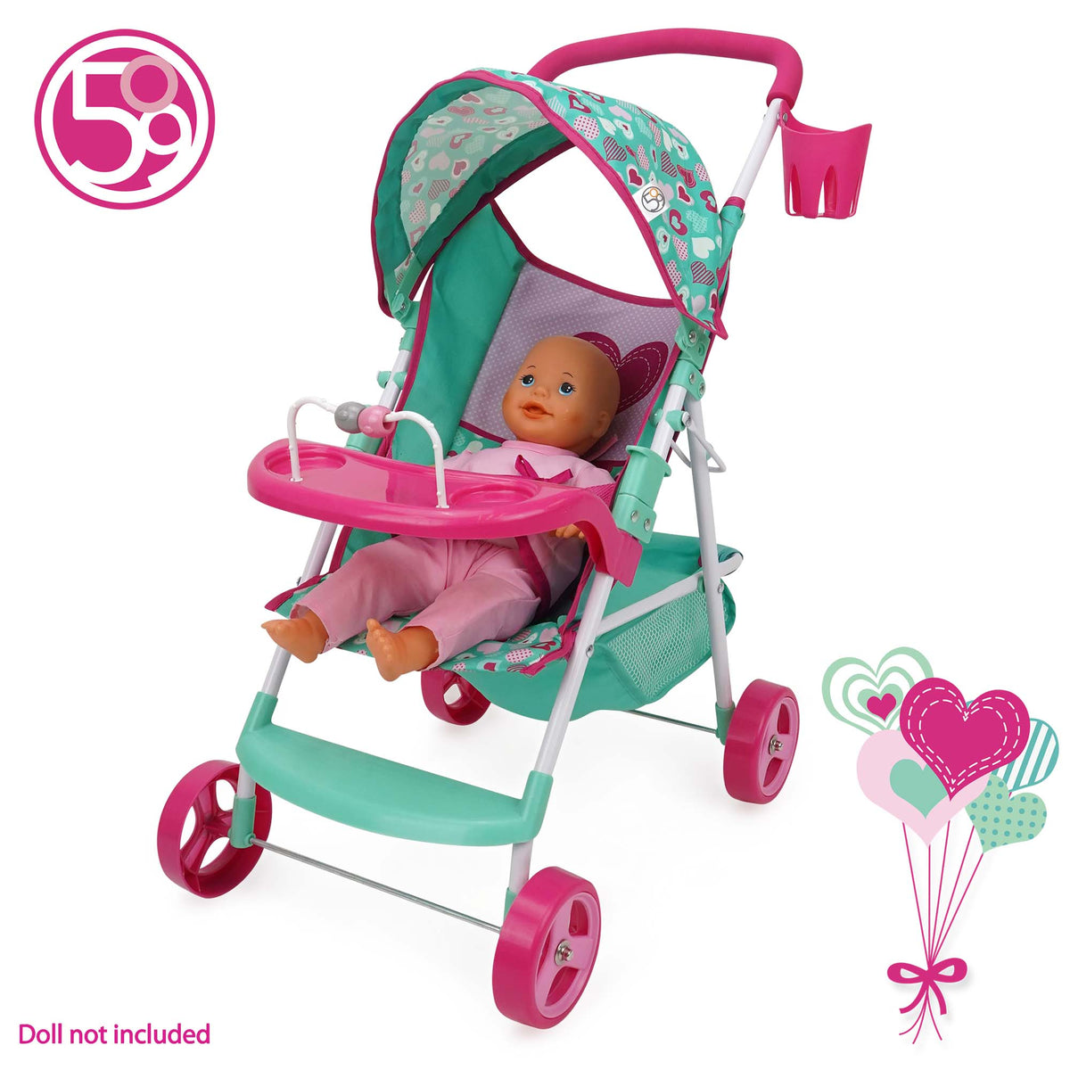 Mint Heart Sarah Doll Stroller in turquoise and pink with canopy, front tray, and wheels