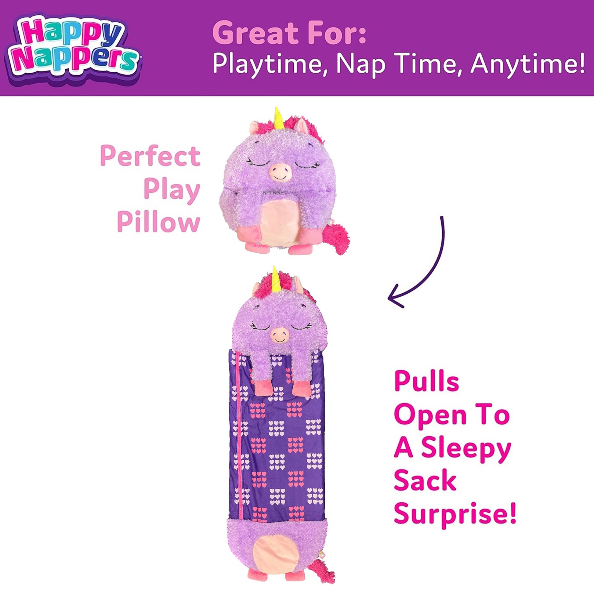 Happy Nappers Purple Unicorn pillow transforms into sleepy sack, medium size