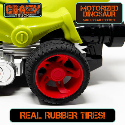 Crazy Truck Motorized Dinosaur - Roaring Green Dino Toy Vehicle for Kids 3+
