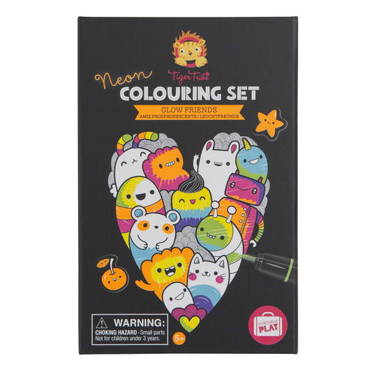 Tiger Tribe Neon Coloring Set packaging showing cute character illustrations with glow friends theme on dark background