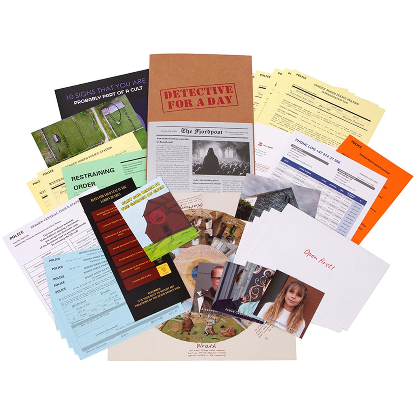 Detective For A Day interactive party game with police documents, newspaper clippings, and investigation materials