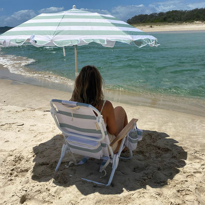 Sunnylife Deluxe Beach Chair - La Palma Sage Stripe with Cooler Bag and Drink Holder