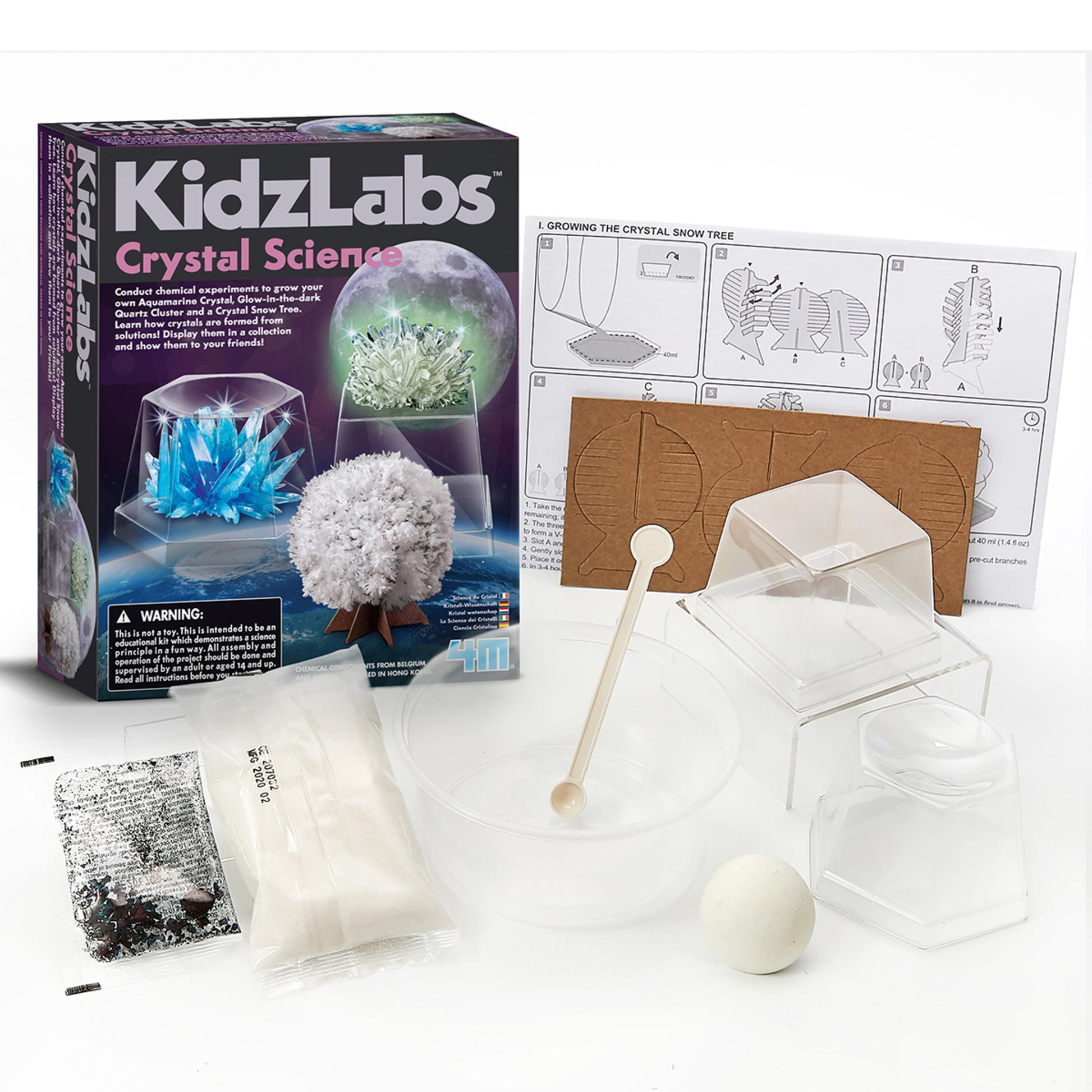 KidzLabs Crystal Science Kit with blue aquamarine crystal, white snow tree, and quartz cluster displayed with instruc...