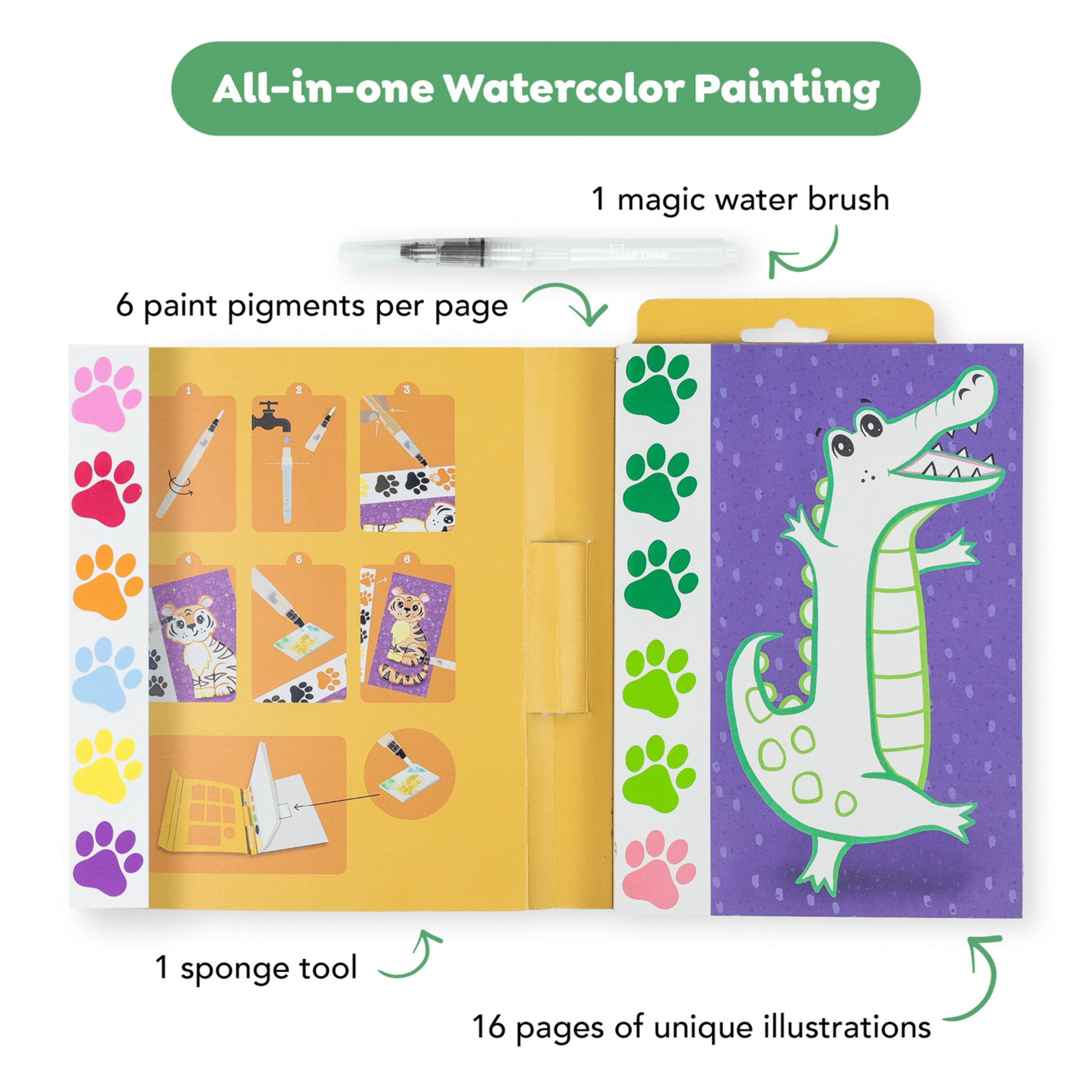 Tiger Tribe All-in-One Watercolor Painting set with magic water brush, colorful paw print pigments, and animal illust...