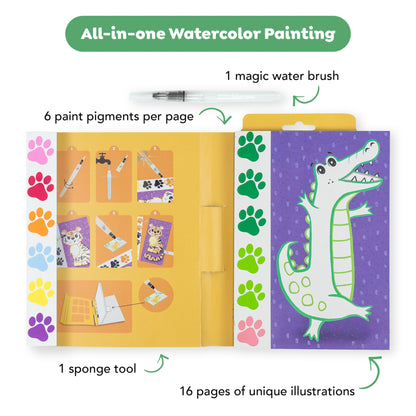 Tiger Tribe All-in-One Watercolor Painting set with magic water brush, colorful paw print pigments, and animal illust...