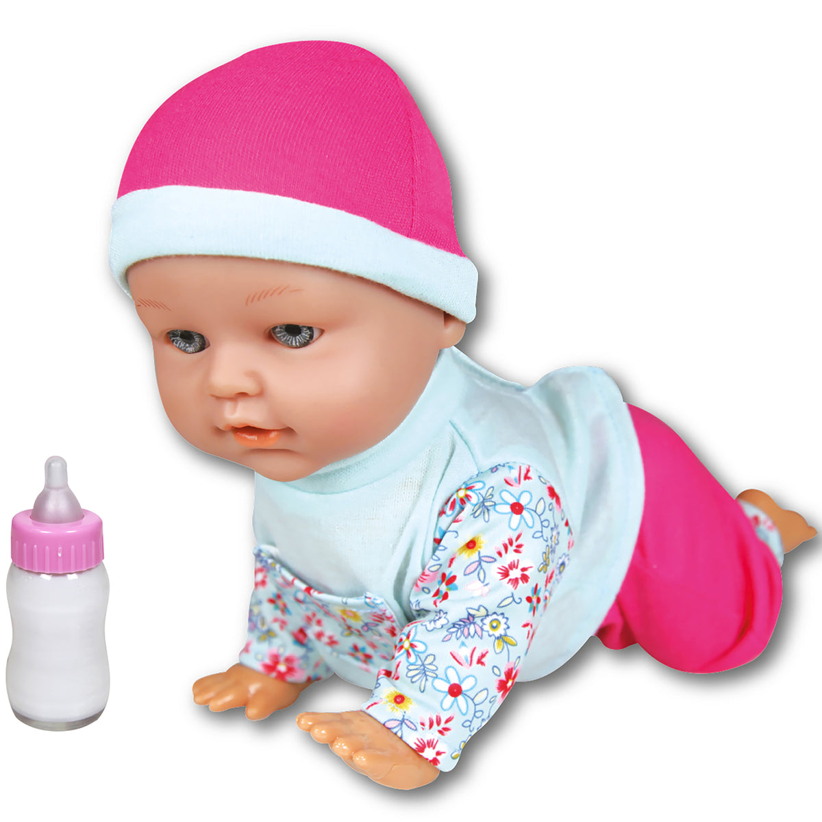 Lissi 12-inch interactive crawling baby doll wearing pink and white knit hat, light blue shirt with floral print, and pink pants, shown crawling with included b