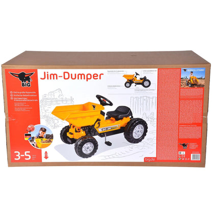 BIG Jim Dumper yellow ride-on tractor with black seat and large wheels