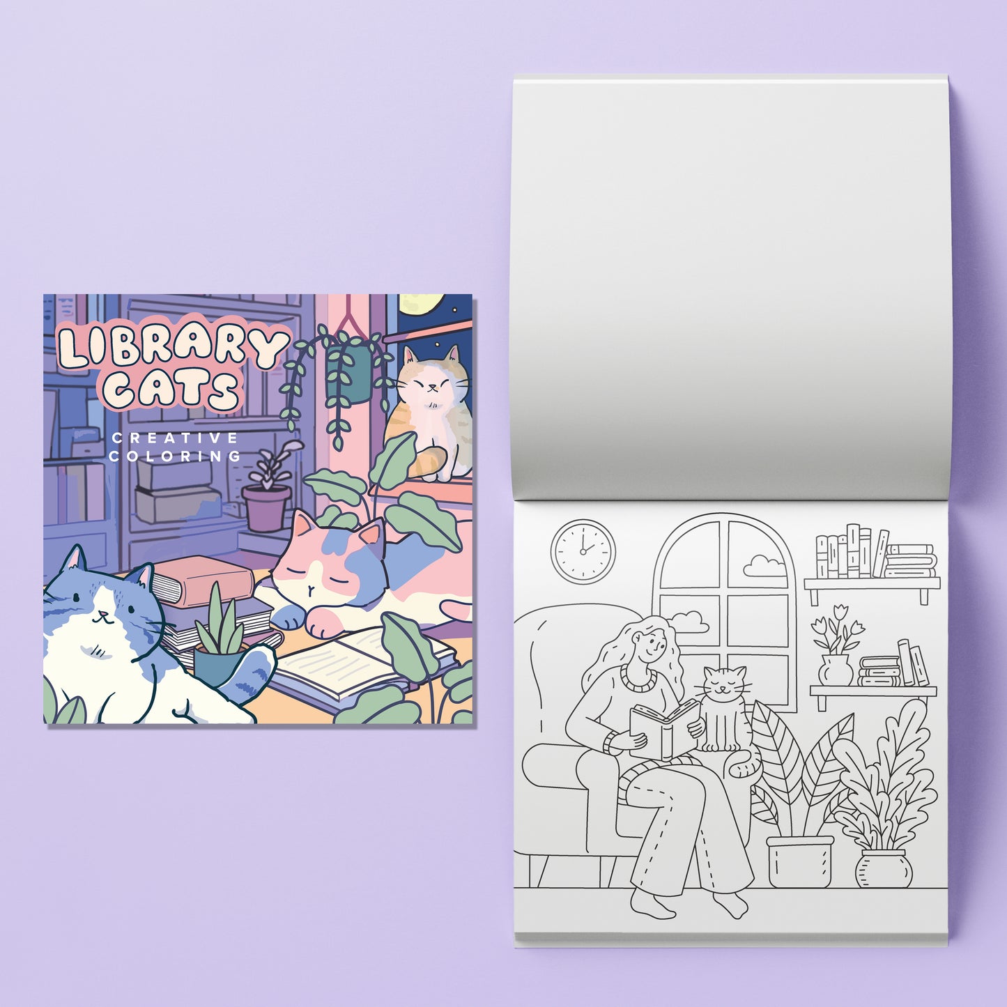 Library Cats Creative Coloring Kit with illustrated coloring book and markers on purple background