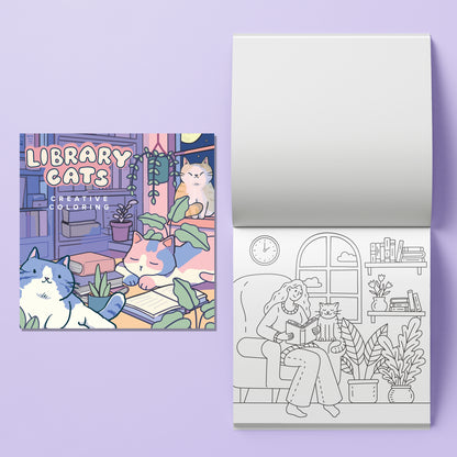Library Cats Creative Coloring Kit with illustrated coloring book and markers on purple background