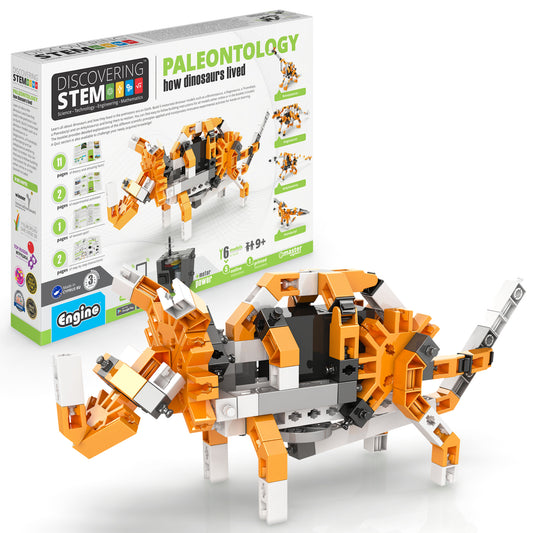 Engino Discovering STEM Paleontology motorized dinosaur building set with orange and white pieces