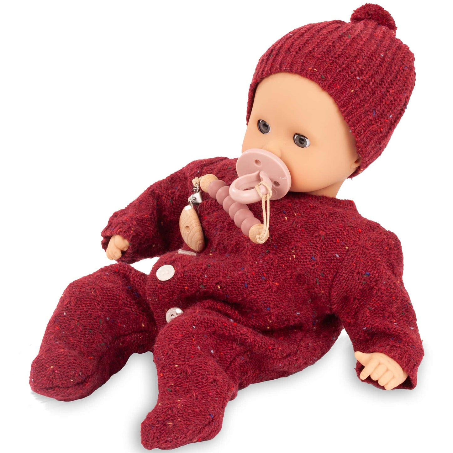 Jubilee Muffin Baby 13 inch soft doll in burgundy knit outfit with matching hat and pacifier