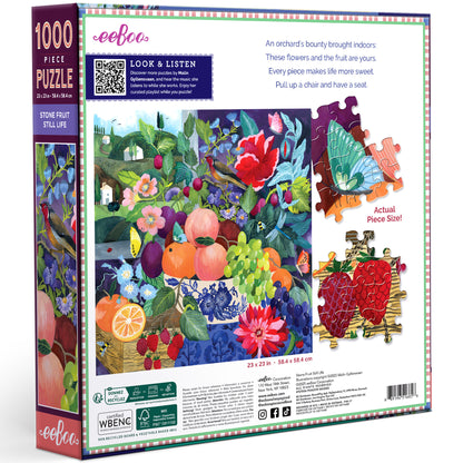 eeBoo Stone Fruit Still Life 1000-piece puzzle box and assembled pieces showing colorful orchard illustration with pe...