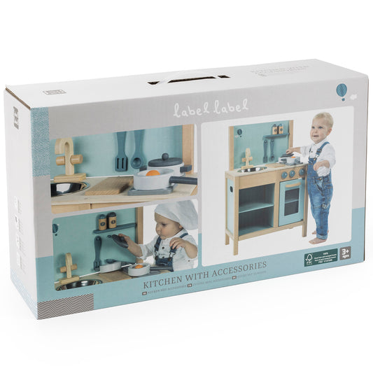 Label Label wooden play kitchen with accessories in natural wood and turquoise, modeled by children in use