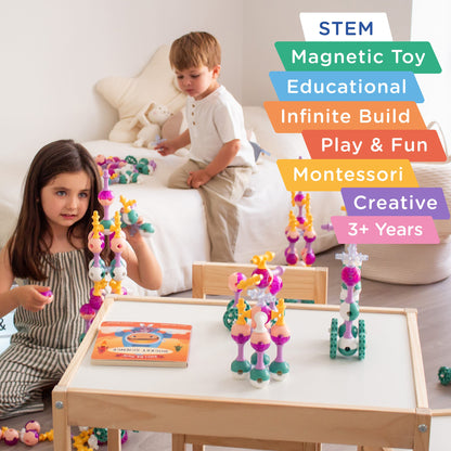 KUB Planet Magnetic Building Set with colorful blocks in pink, yellow, and green being built by children