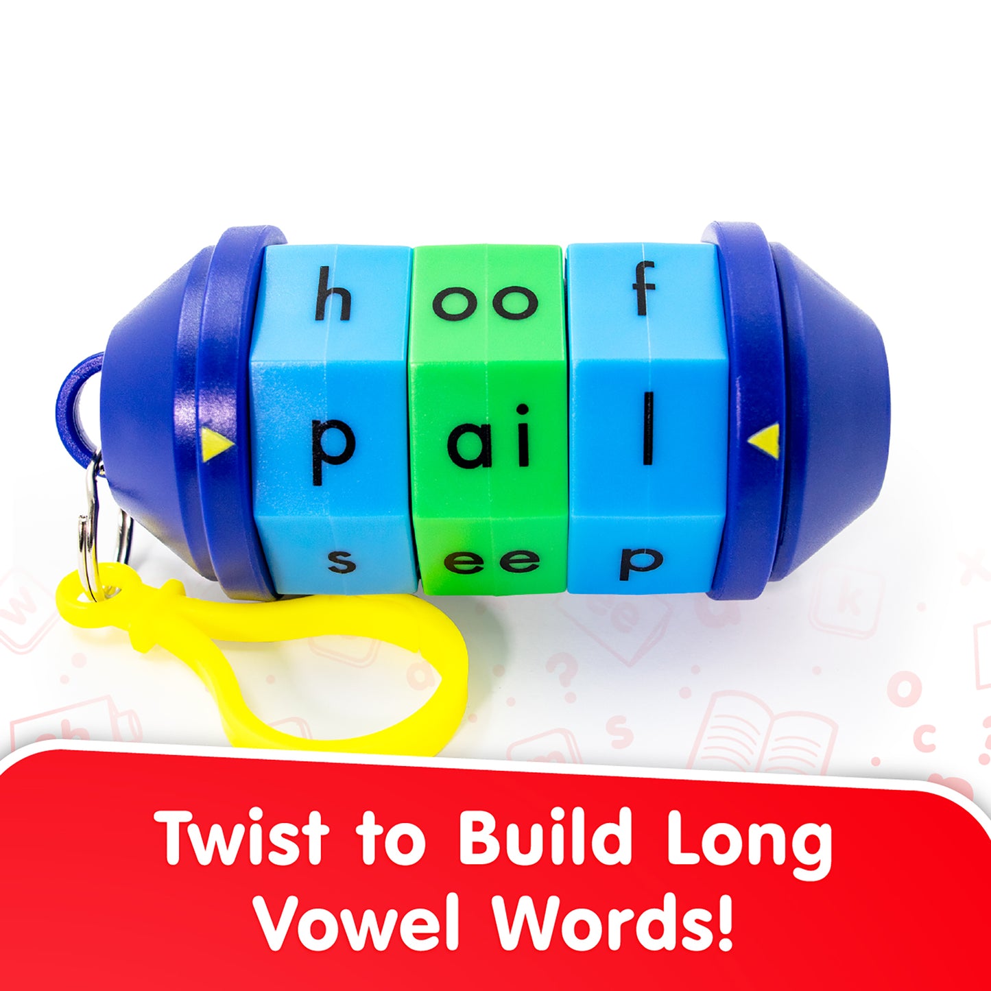 Junior Learning Word Tumbler long vowel fidget toy with blue and green twist cylinders showing letters