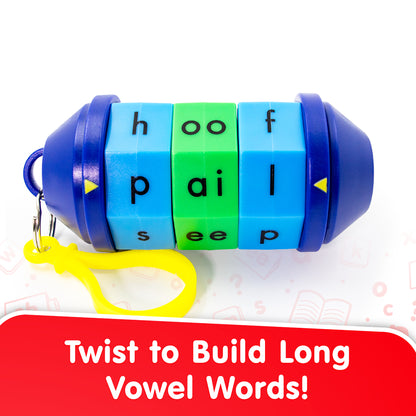 Junior Learning Word Tumbler long vowel fidget toy with blue and green twist cylinders showing letters