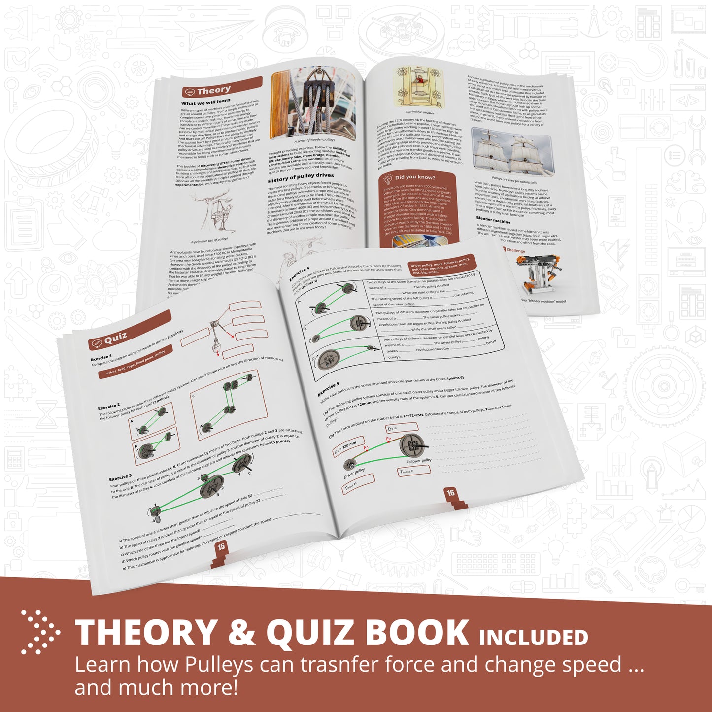 Engino Pulley Drives STEM building set with theory and quiz book showing mechanical pulley systems