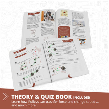 Engino Pulley Drives STEM building set with theory and quiz book showing mechanical pulley systems
