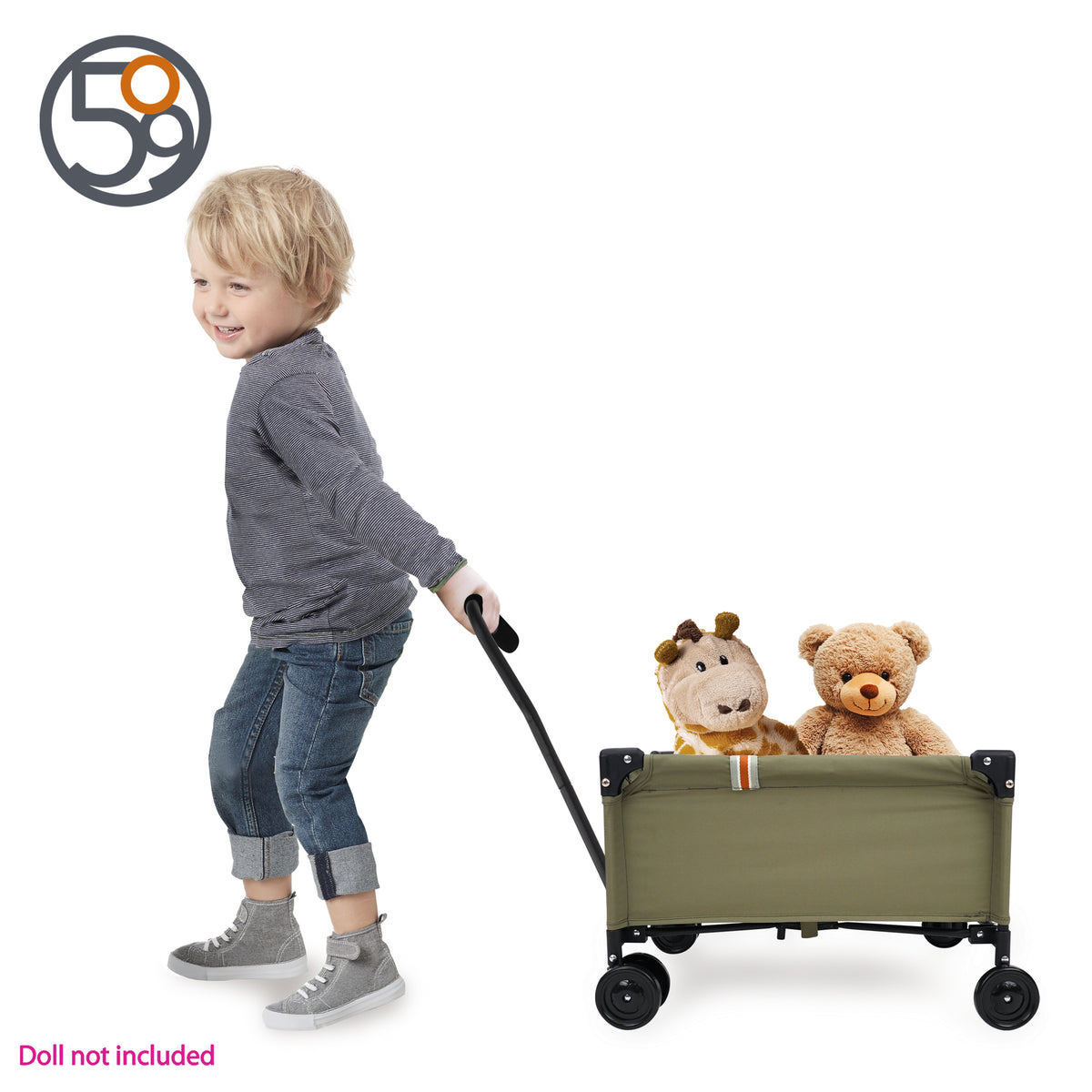 Boy pulling khaki folding wagon with stuffed bear and hippo toy inside