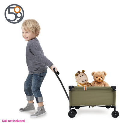 Boy pulling khaki folding wagon with stuffed bear and hippo toy inside