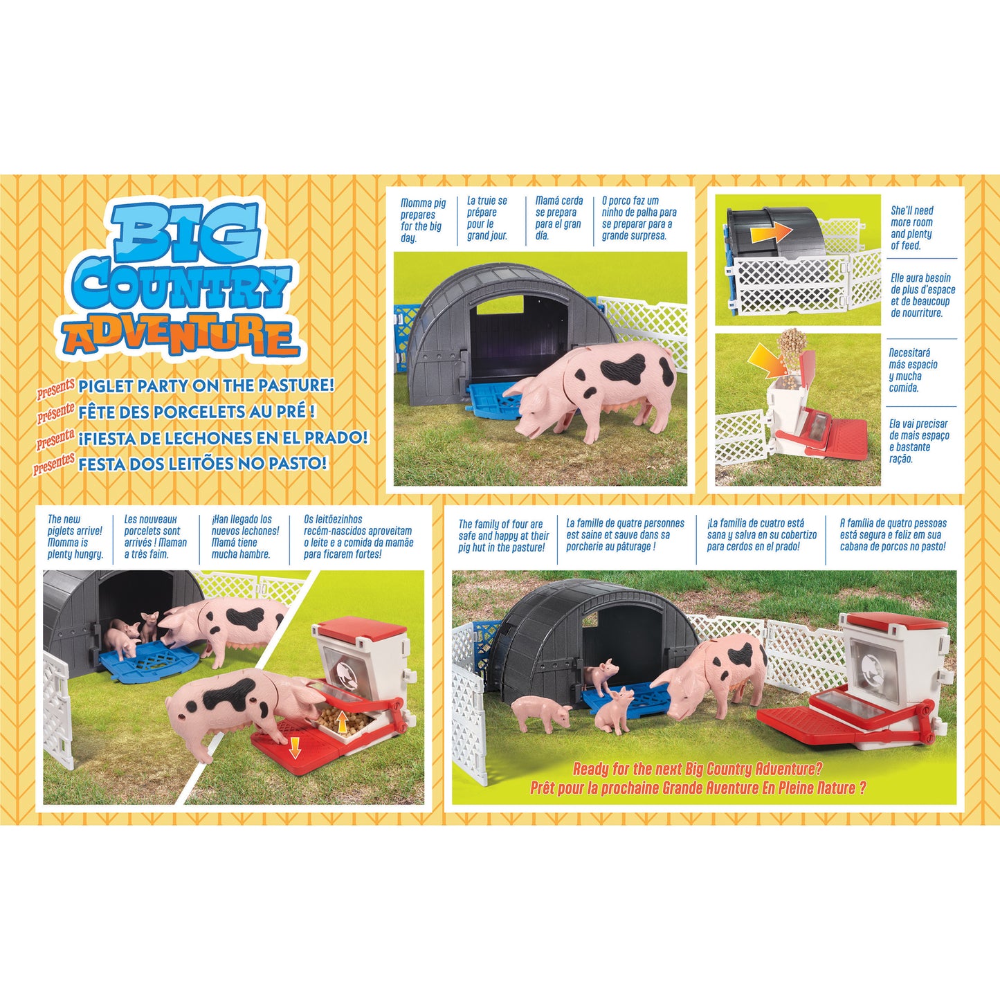 Big Country Toys Pig Hut Adventure playset with pink piglets, black hut, and farm accessories