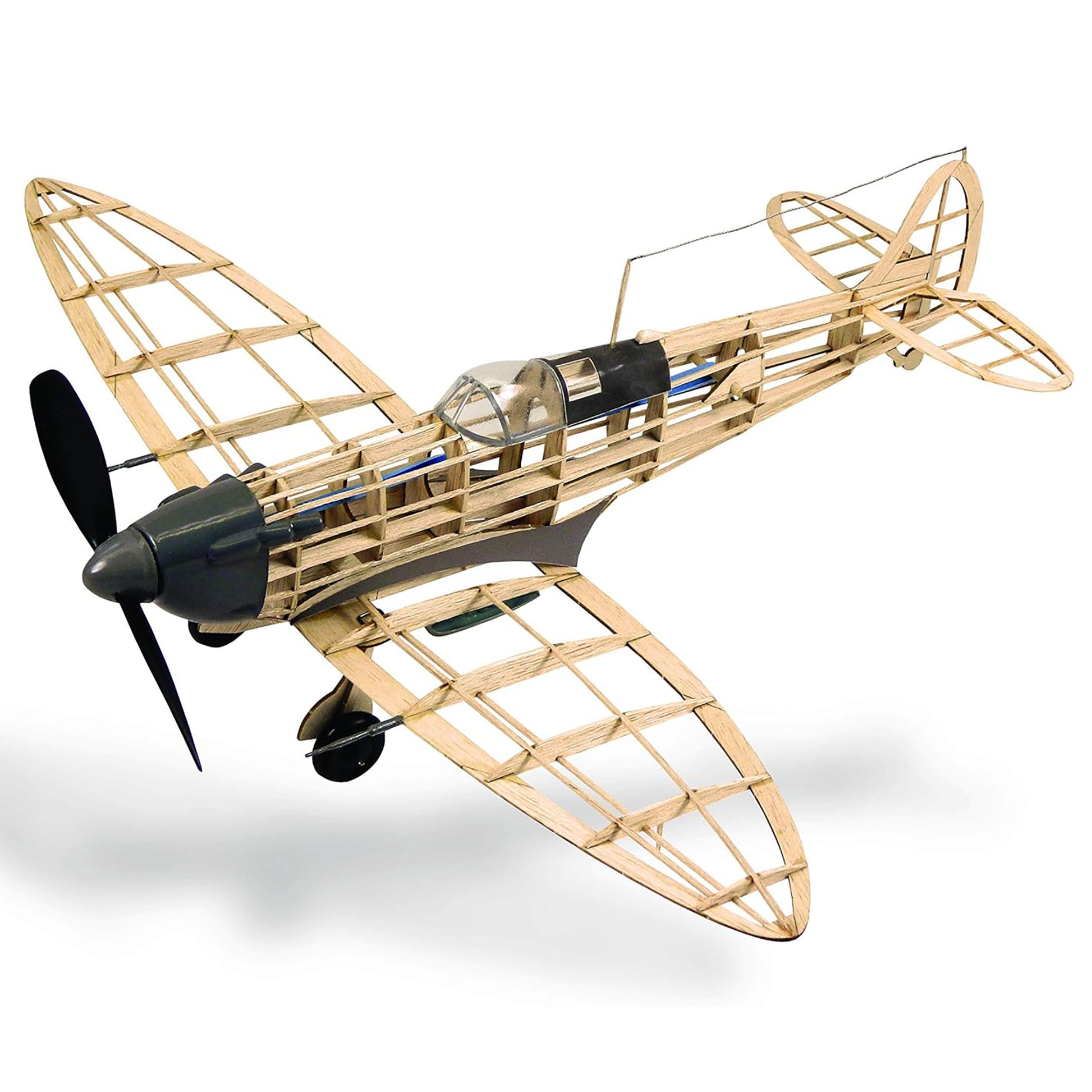 Spitfire wooden model airplane kit with balsa frame and black propeller