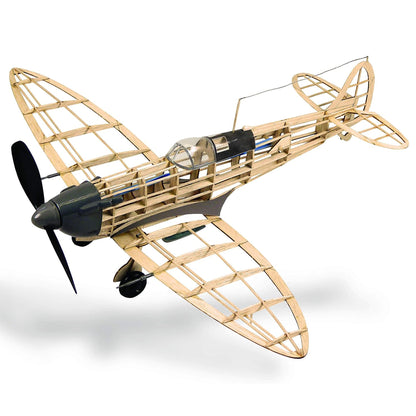 Spitfire wooden model airplane kit with balsa frame and black propeller