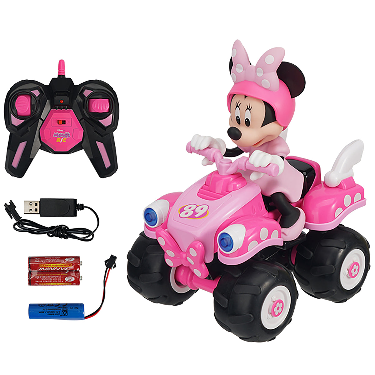 Disney Jr. Minnie Mouse 7.5" R/C ATV 4 Wheeler with remote control, pink and black vehicle with character figure