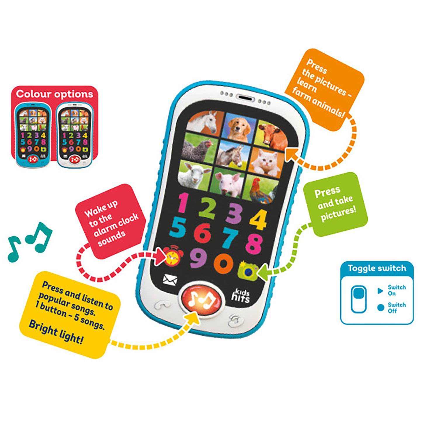Kids Hits Smart Phone Hello Farm interactive toy with colorful numbers, farm animals, and light-up button