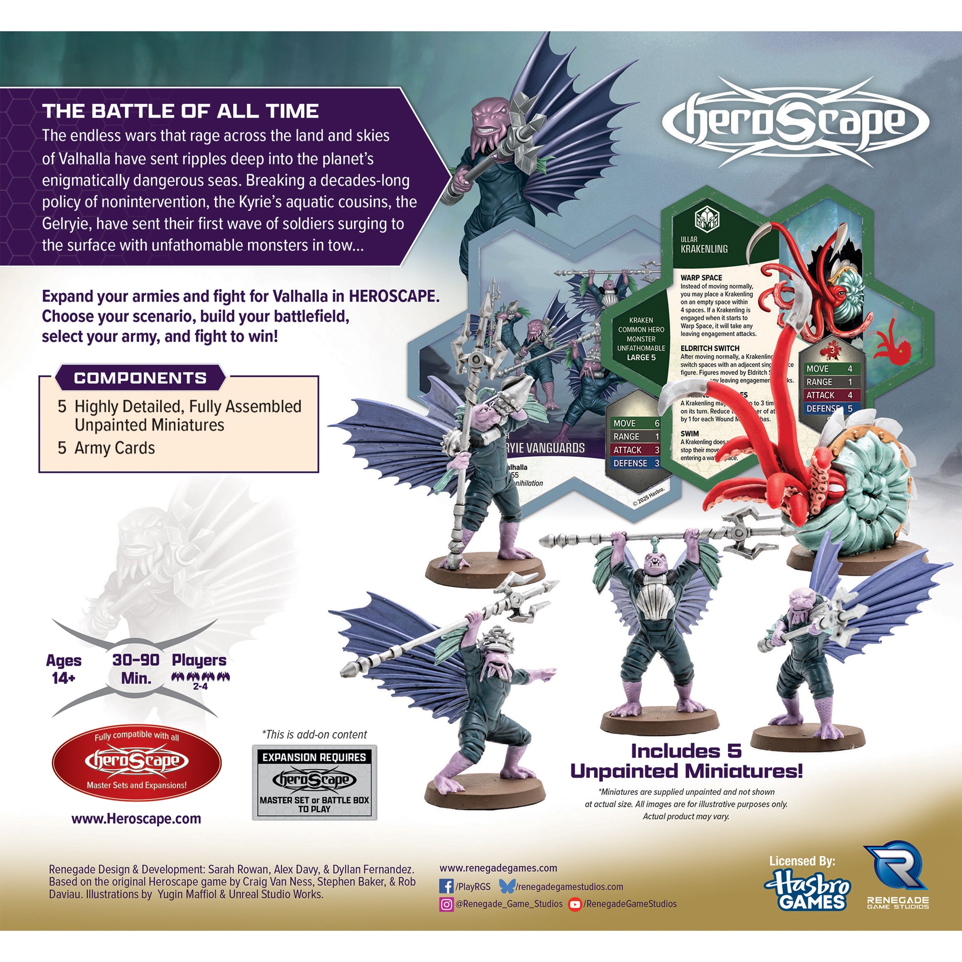 Heroscape Krakenling & Gelyrie Vanguards expansion with 5 unpainted miniatures and army cards