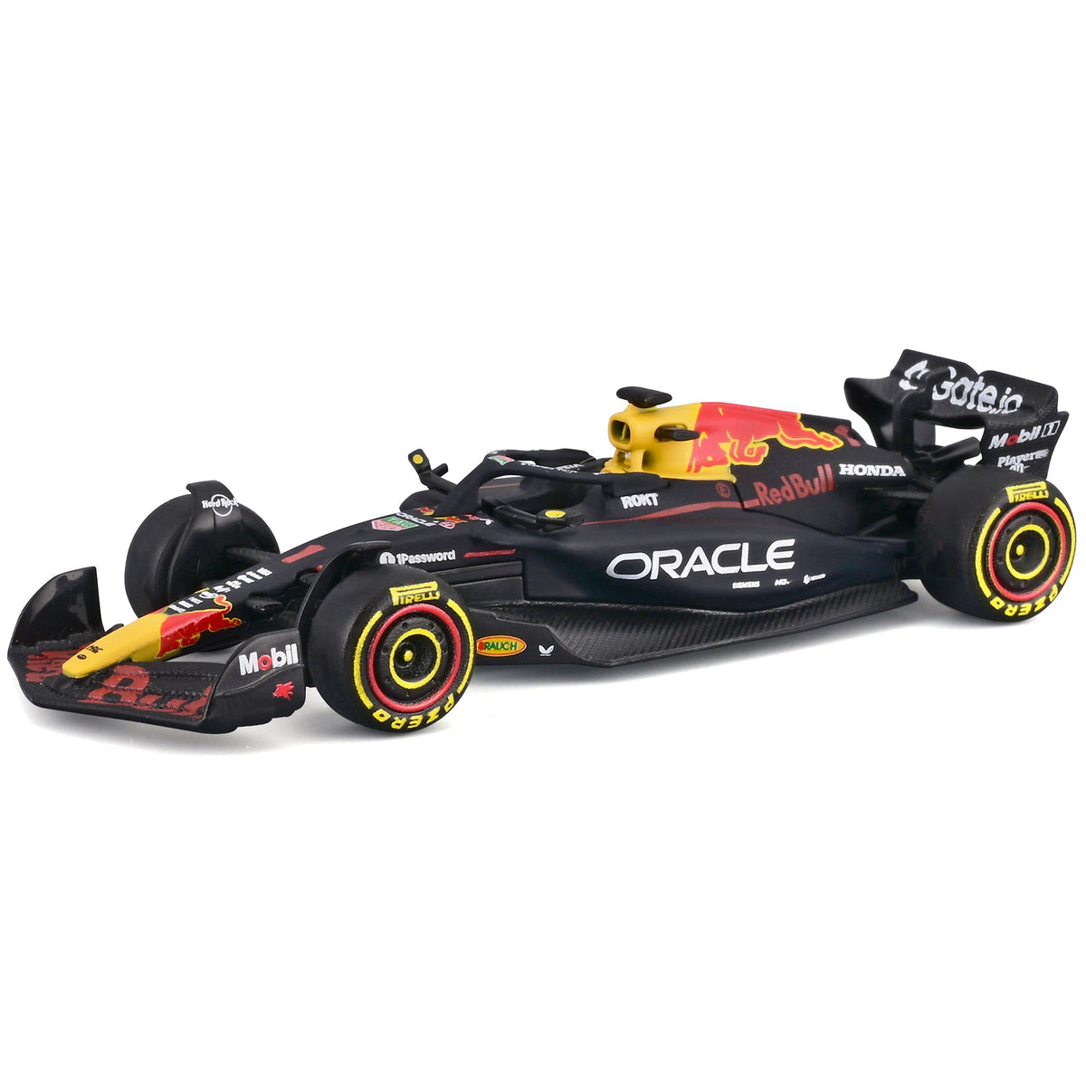 Bburago 1:64 Red Bull RB21 diecast Formula One race car in black, red and yellow with Oracle branding and sponsor gra...