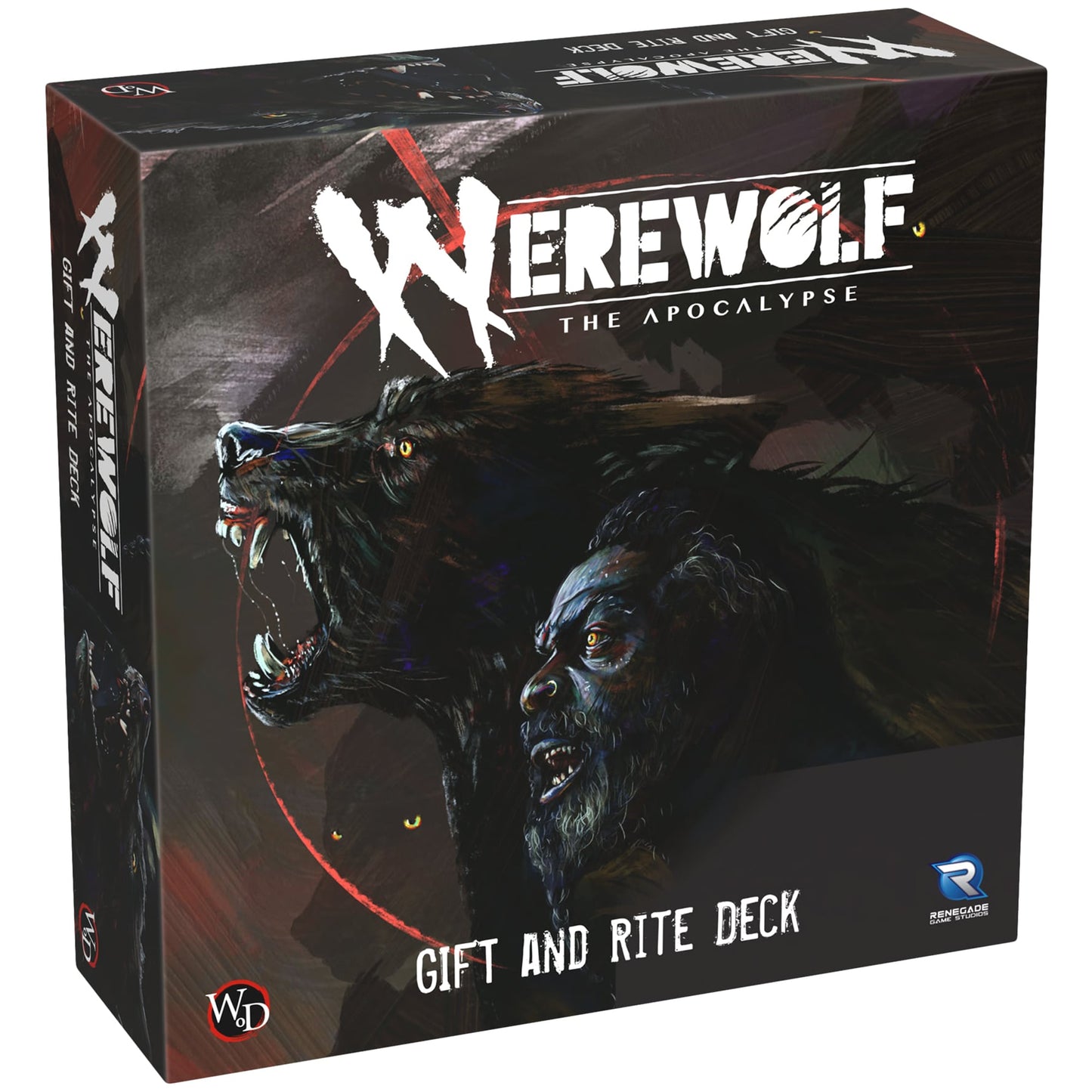 Werewolf: The Apocalypse Gift and Rite Deck expansion box featuring dark werewolf artwork with glowing eyes