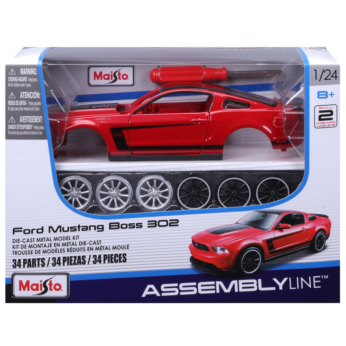 Maisto Assembly Line 2012 Ford Mustang Boss 302 red diecast model kit with wheels and screwdriver