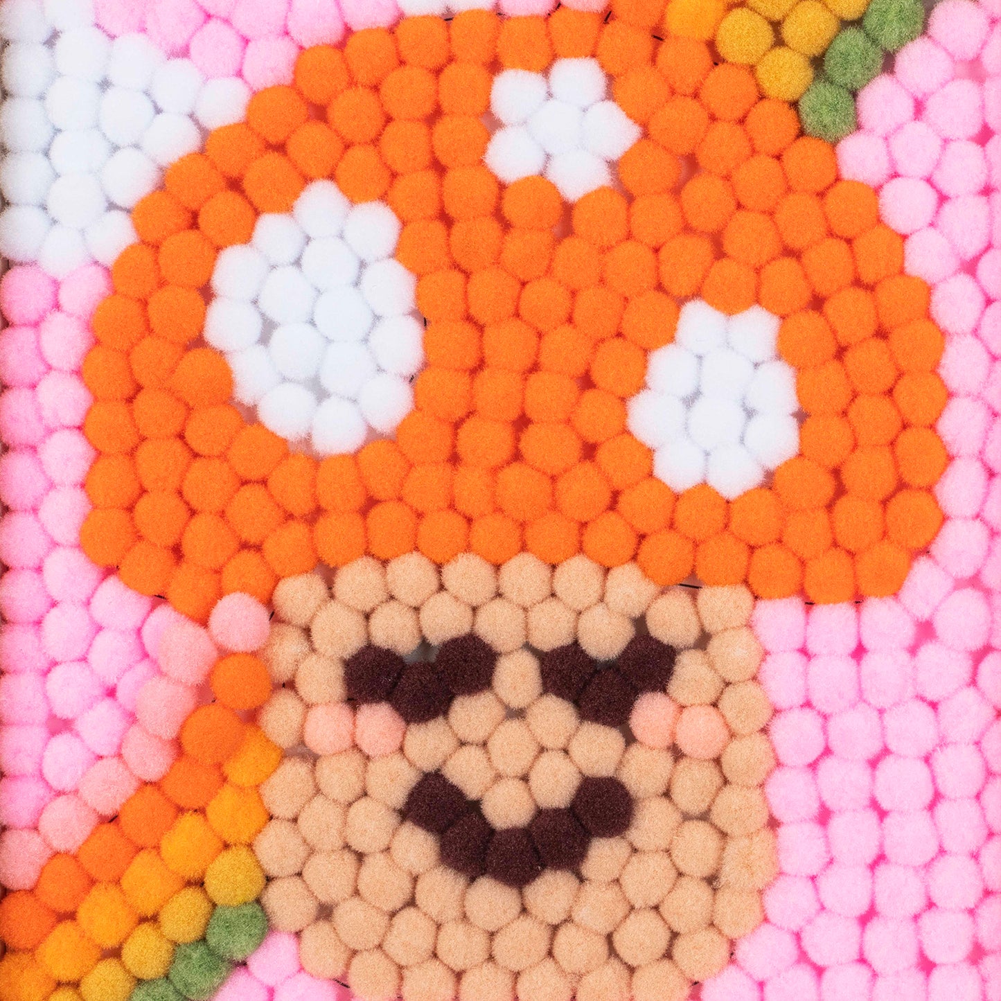 Pom Art Fuzzy Mushroom craft toy with orange pom-pom cap and smiling face