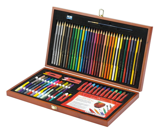 Faber-Castell Young Artist Essentials 64-piece art set in wooden case, open to show colored pencils, markers, and brushes organized in black foam trays