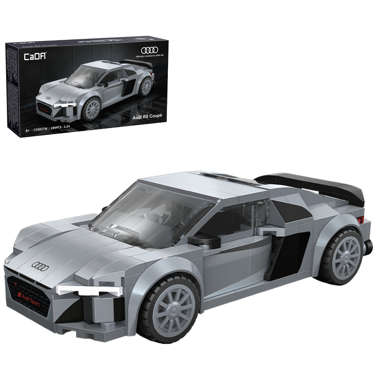 CaDA Audi R8 Coupe building set with silver and black car model displayed with open door