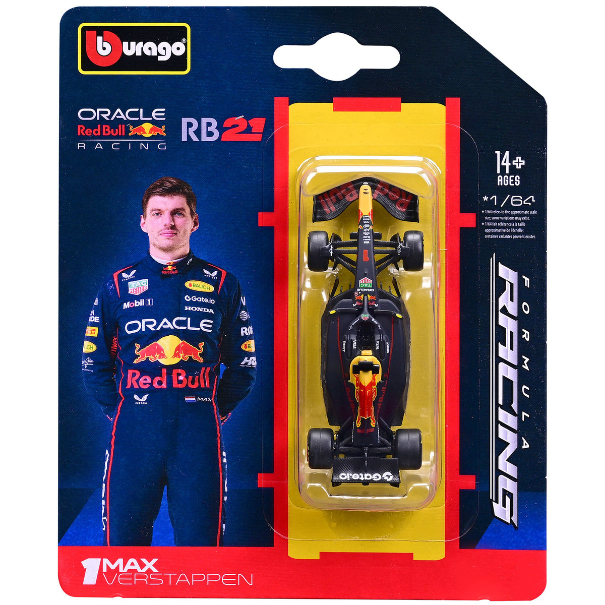 Bburago 1:64 Red Bull RB21 diecast race car with Max Verstappen driver card