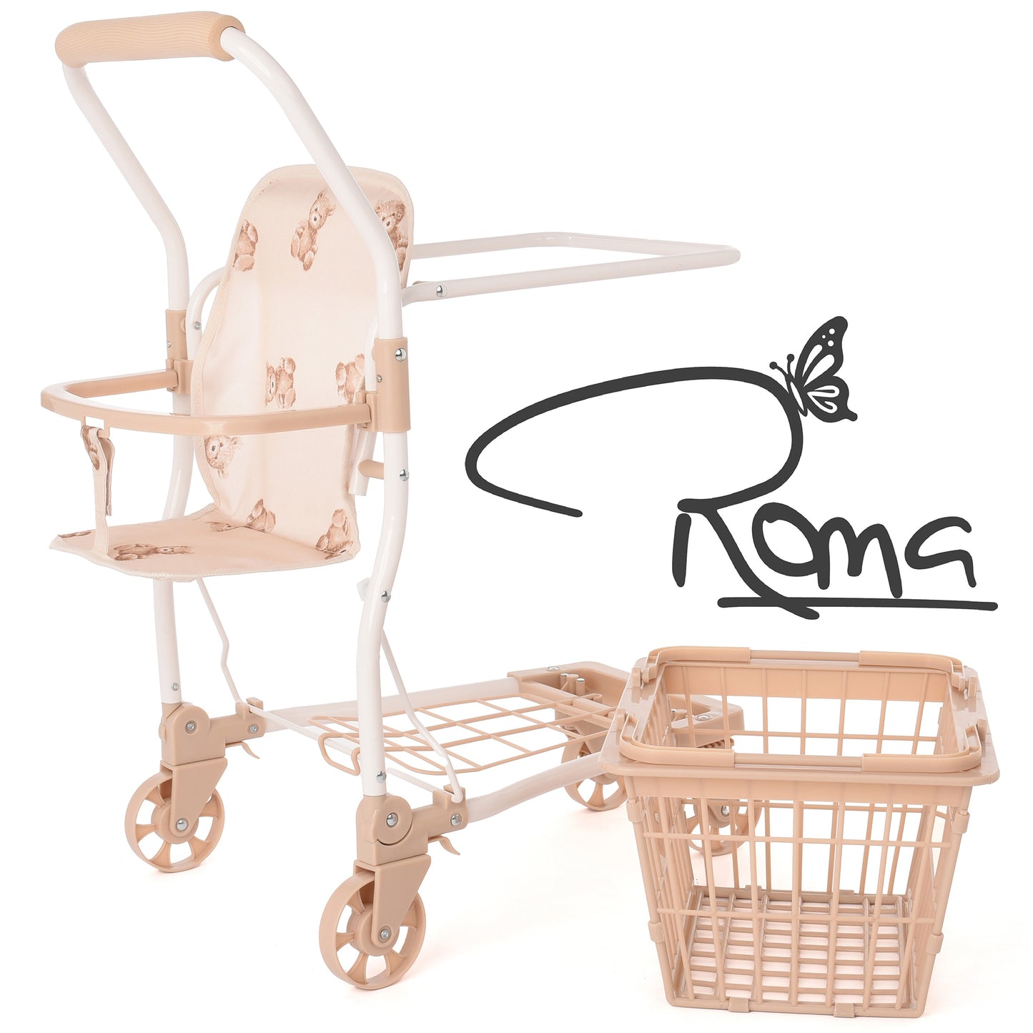 Roma Teddy Shopping Trolley with bear print, cream and white design