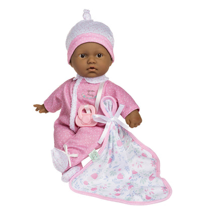 JC Toys La Baby Hispanic doll in pink outfit with blanket and pacifier