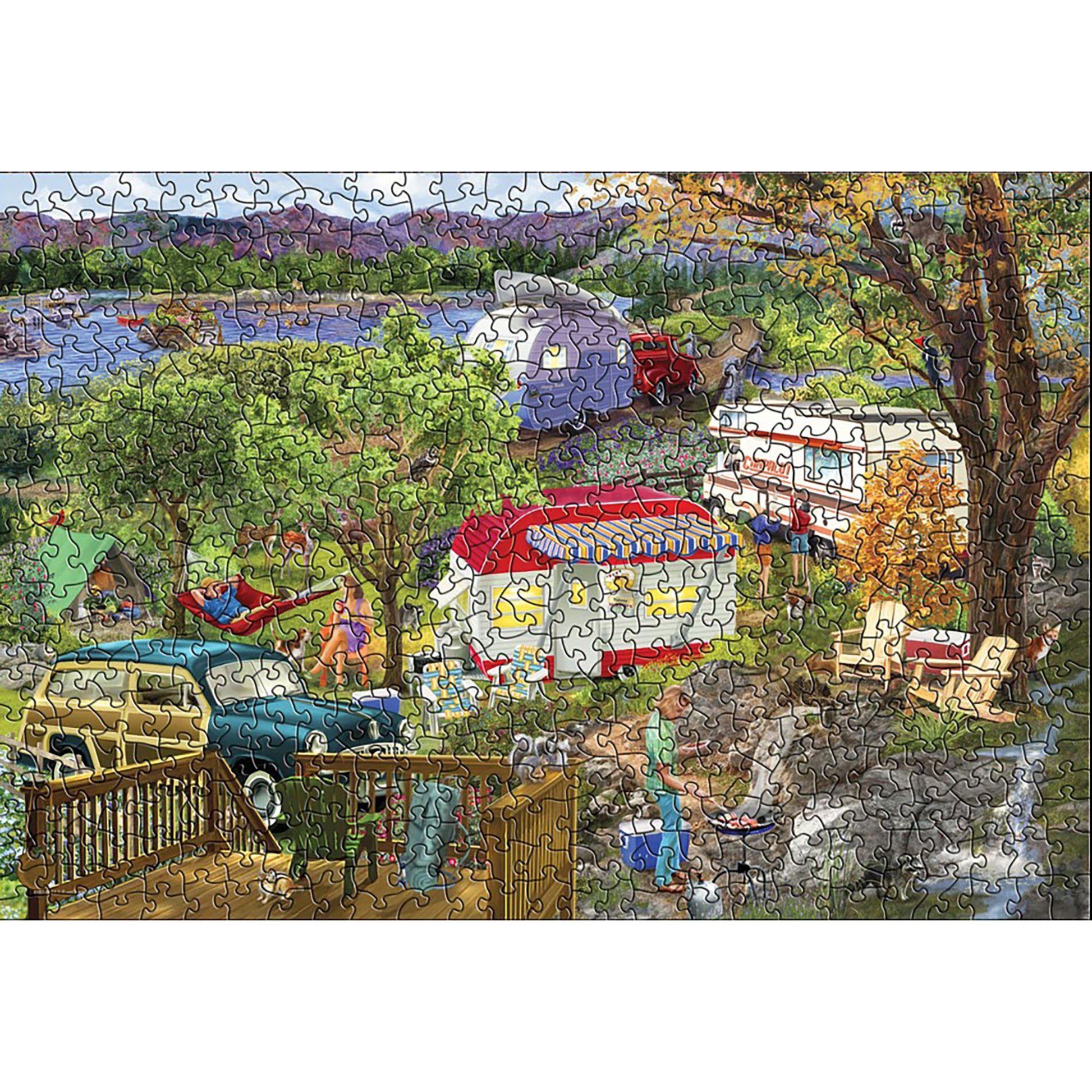 Eurographics 550 Piece Camping Trailer Puzzle featuring vintage outdoor camping scene with colorful trailers and nature