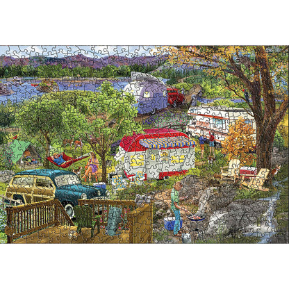 Eurographics 550 Piece Camping Trailer Puzzle featuring vintage outdoor camping scene with colorful trailers and nature