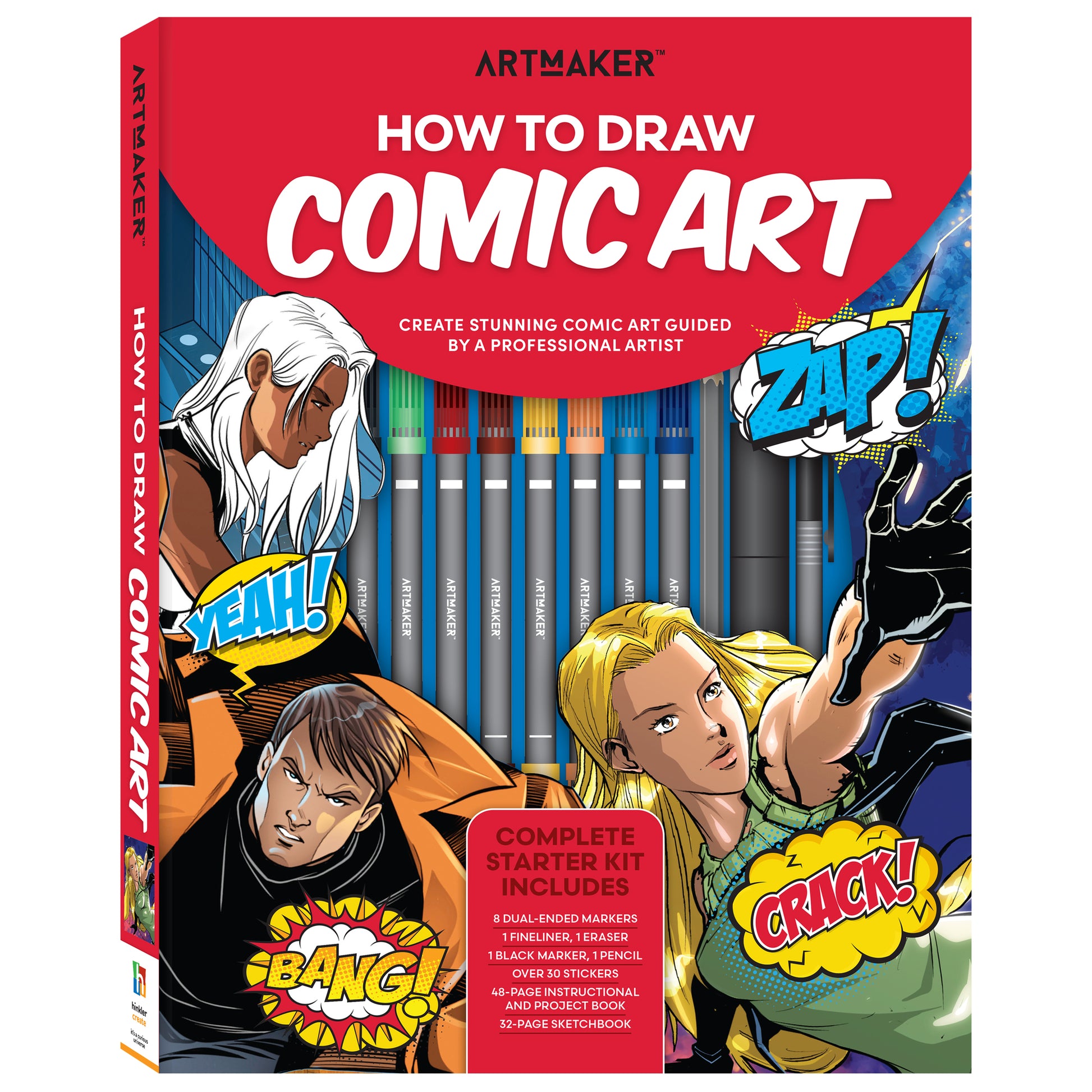 Art Marker How to Draw Comic Art kit with markers, instructional book, and comic character illustrations