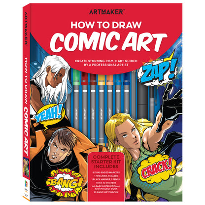 Art Marker How to Draw Comic Art kit with markers, instructional book, and comic character illustrations