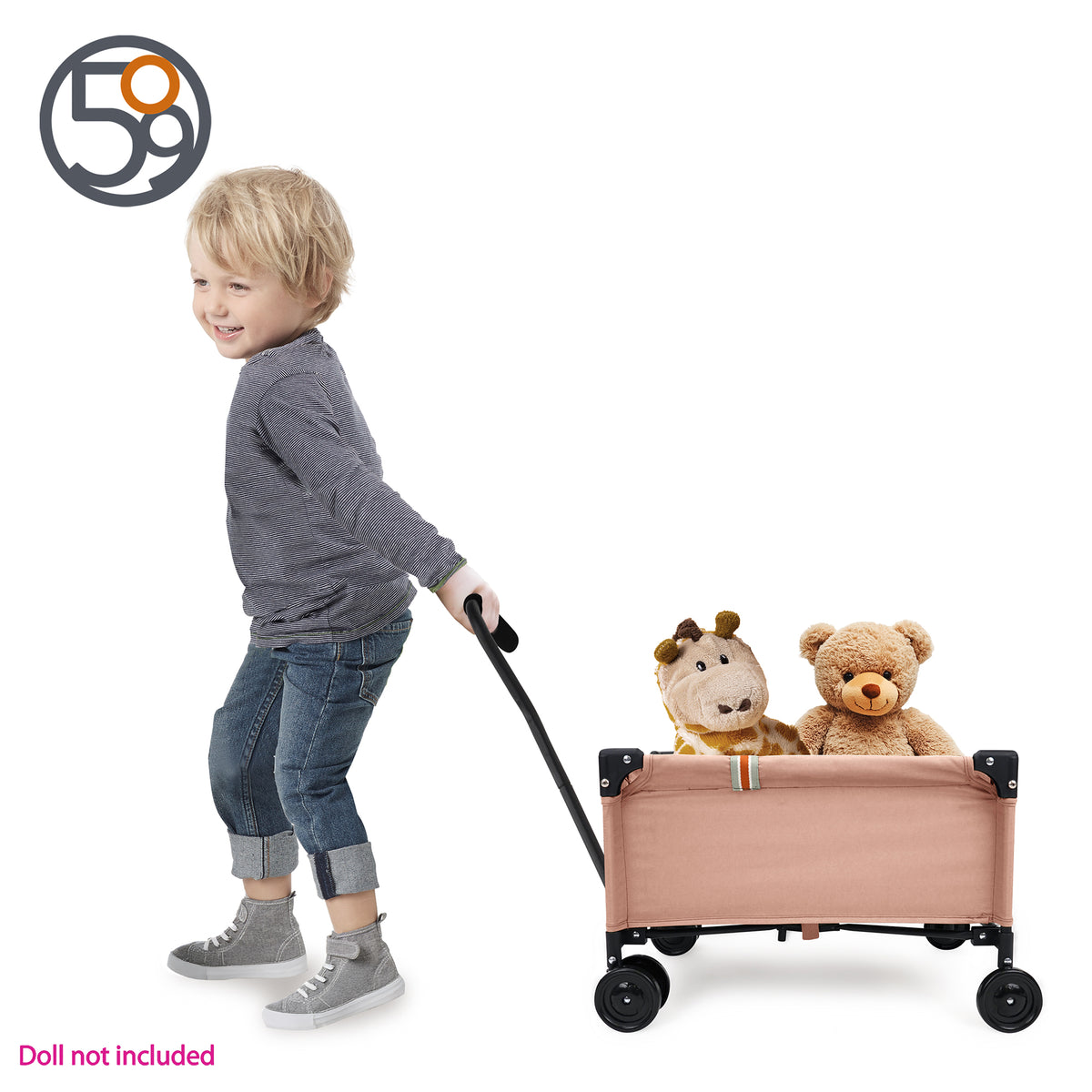 Child pulling pink folding wagon with stuffed animals inside