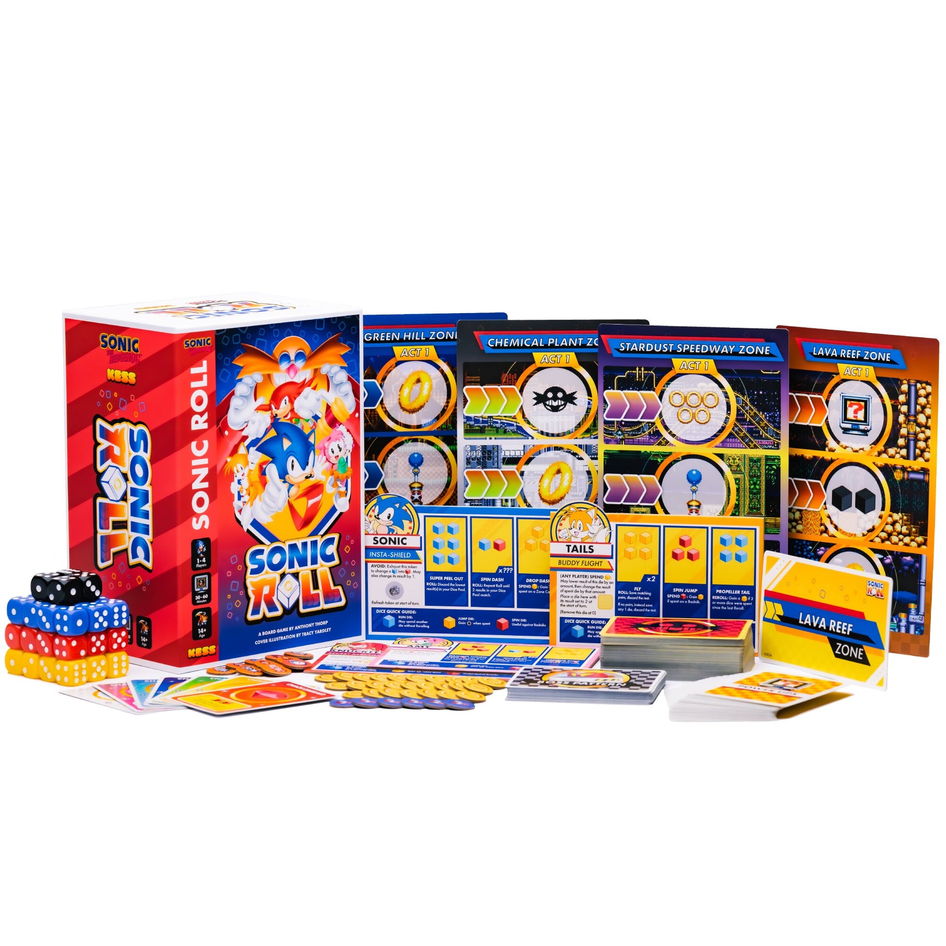 KESS Sonic Roll board game with colorful dice, game boards, and cards featuring classic Sonic zones