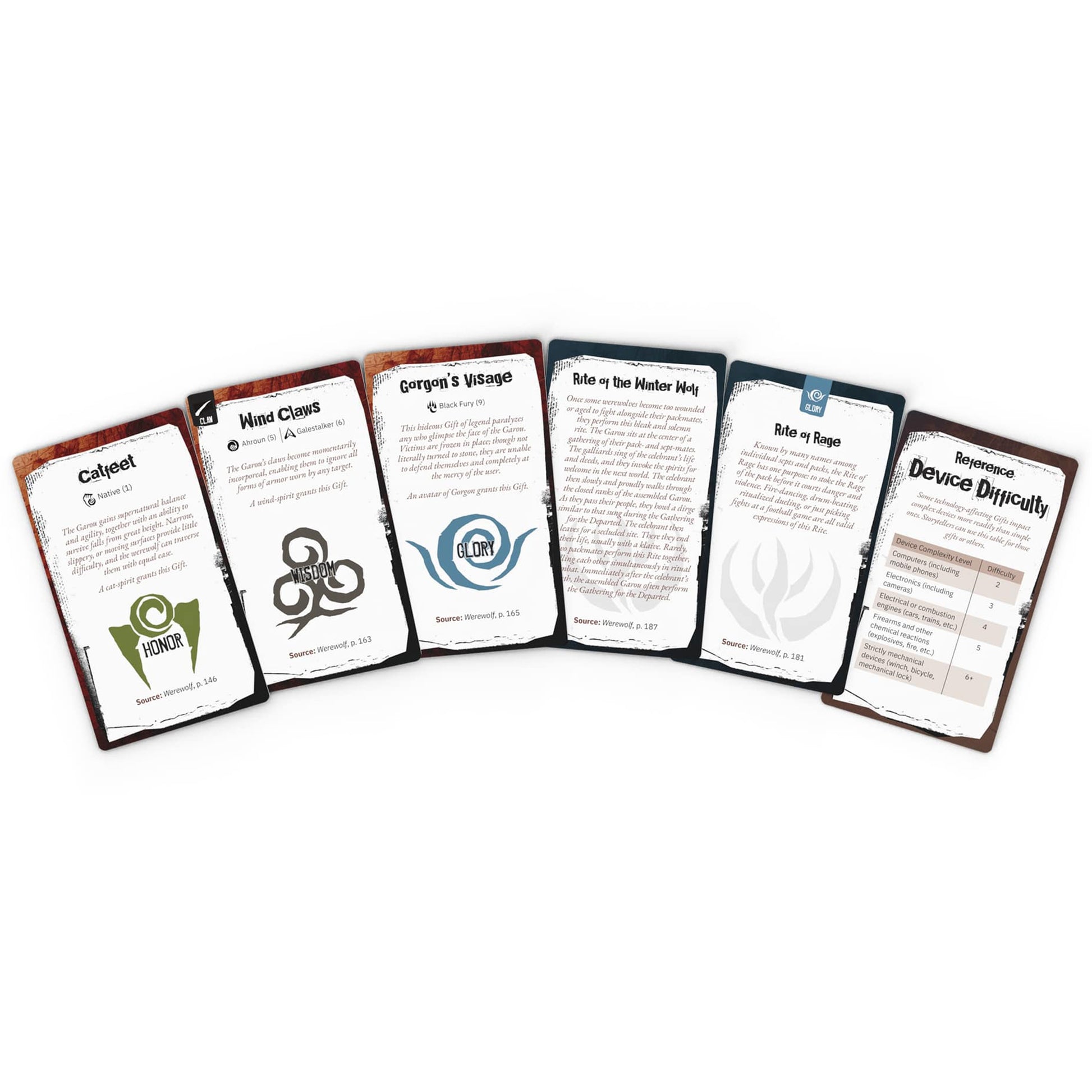 Werewolf: The Apocalypse Gift & Rite Deck reference cards fanned out showing brown and black card designs